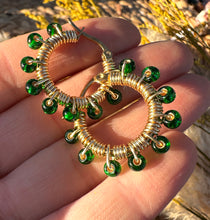Load image into Gallery viewer, Emerald Wire Wrapped Hoops
